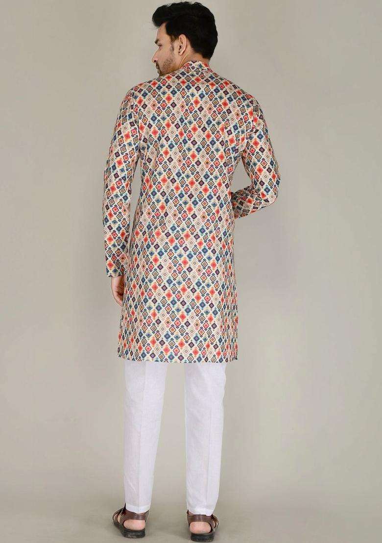 Multi Printed Cotton Kurta Set For Men - Indya