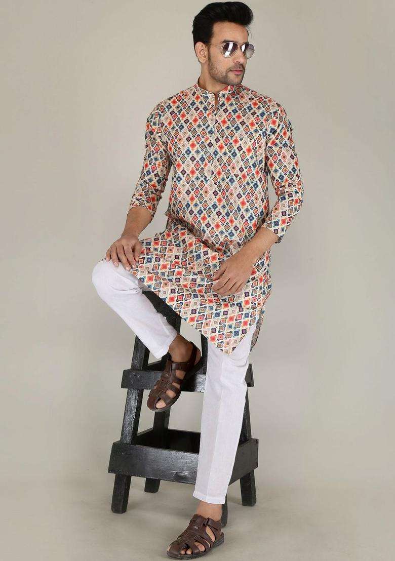 Multi Printed Cotton Kurta Set For Men - Indya