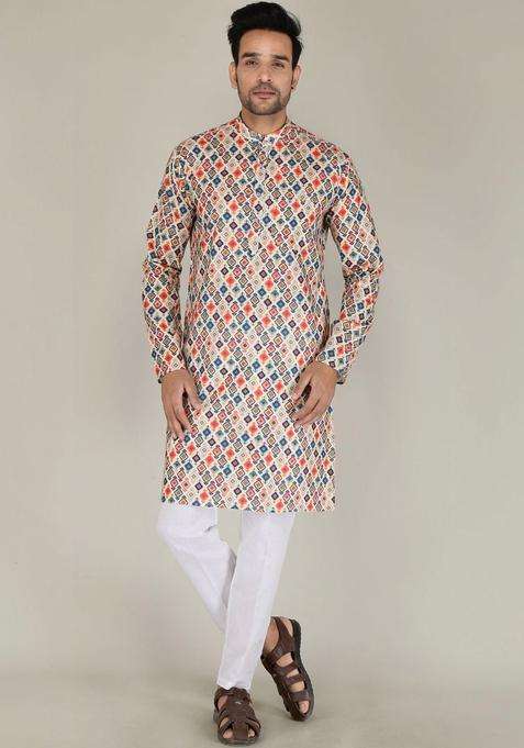 Multi Printed Cotton Kurta Set For Men