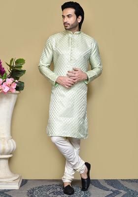 Green Woven Design Silk Blend Kurta Set For Men