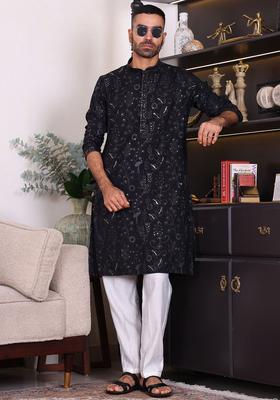 Black Embroidered Cotton Kurta Set For Men
