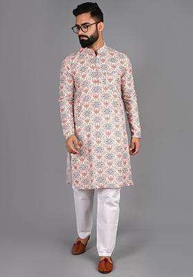 Gold Printed Cotton Kurta Set For Men