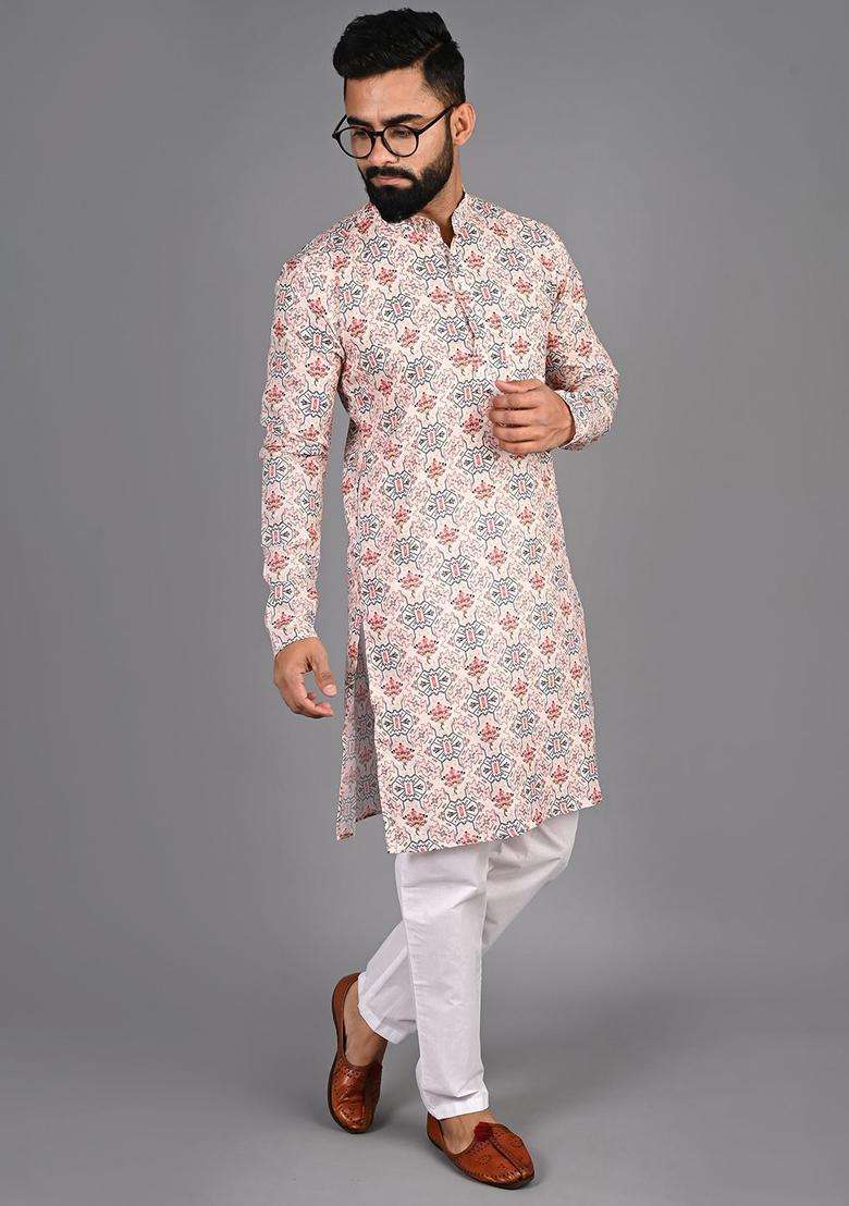 Gold Printed Cotton Kurta Set For Men - Indya