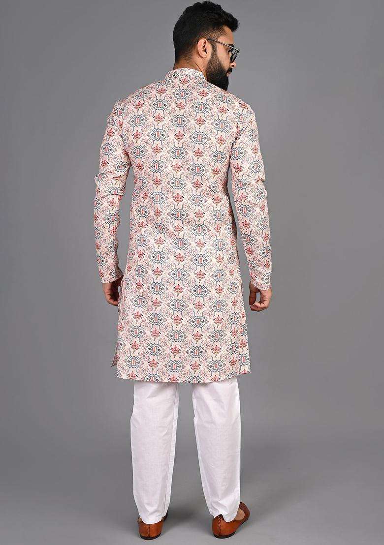 Gold Printed Cotton Kurta Set For Men - Indya