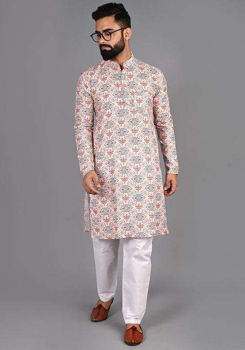 Gold Printed Cotton Kurta Set For Men