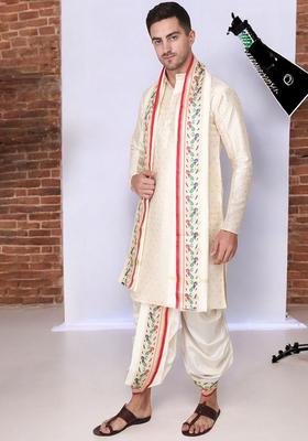 Beige Printed Cotton Kurta Set For Men
