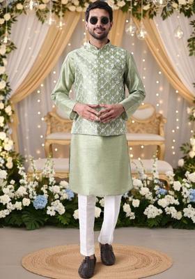 Lime Green Solid Silk Kurta Set For Men