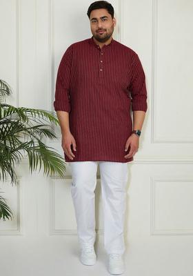 Maroon Striped Cotton Kurta Set For Men