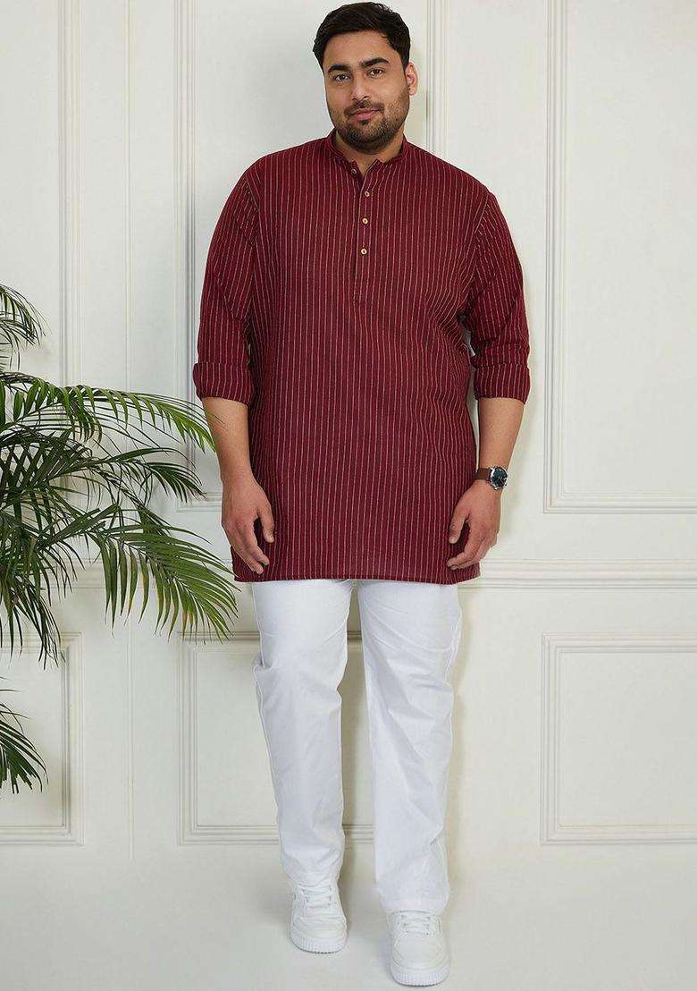 Maroon Striped Cotton Kurta Set For Men - Indya