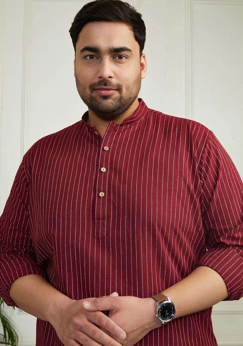 Maroon Striped Cotton Kurta Set For Men - Indya