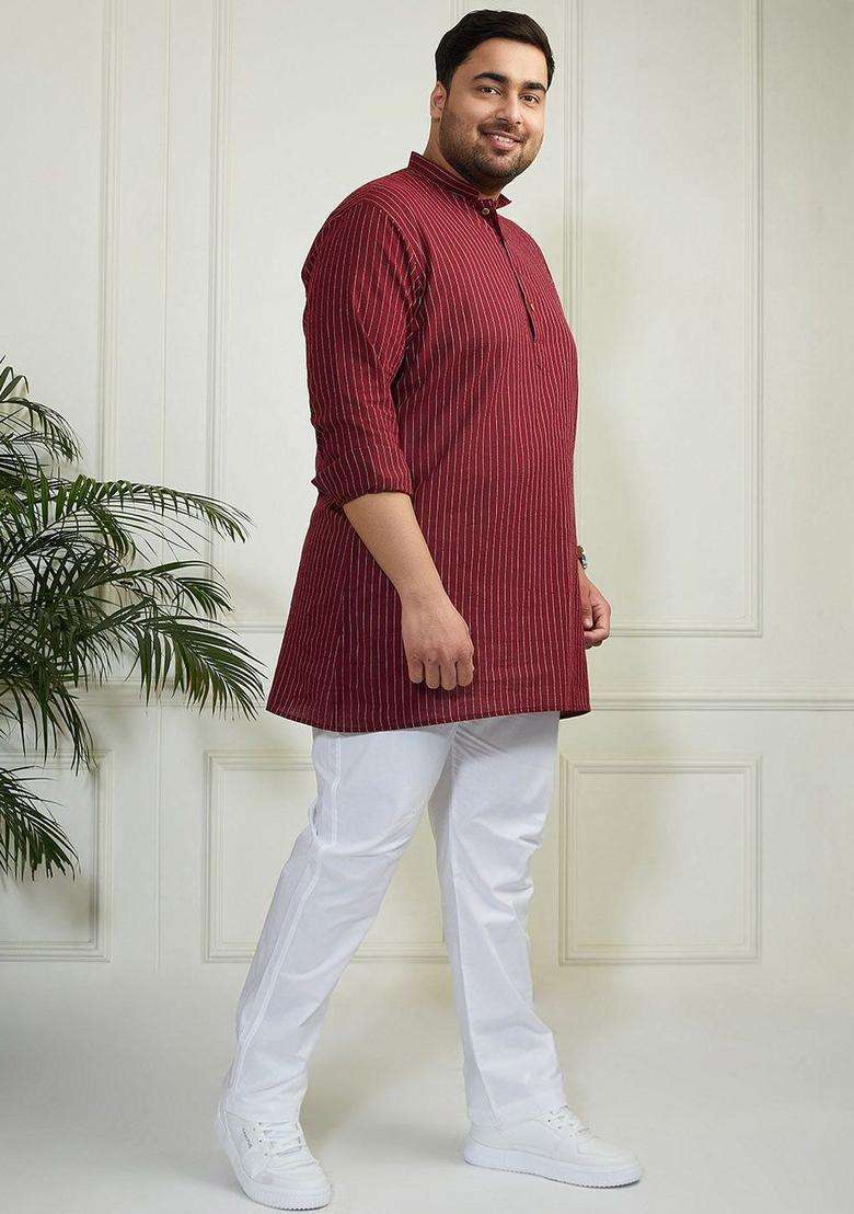 Maroon Striped Cotton Kurta Set For Men - Indya
