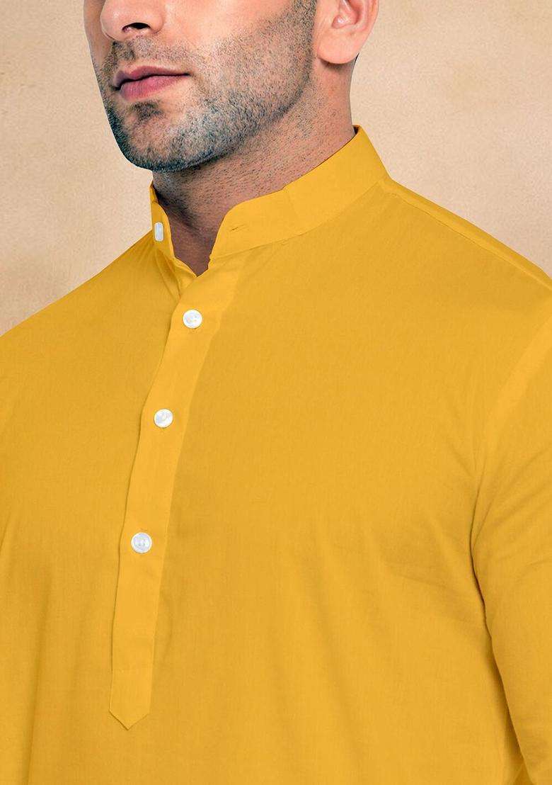 Mustard Solid Cotton Kurta Set For Men - Indya