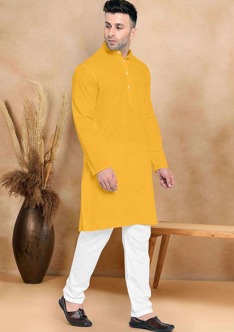 Mustard Solid Cotton Kurta Set For Men - Indya
