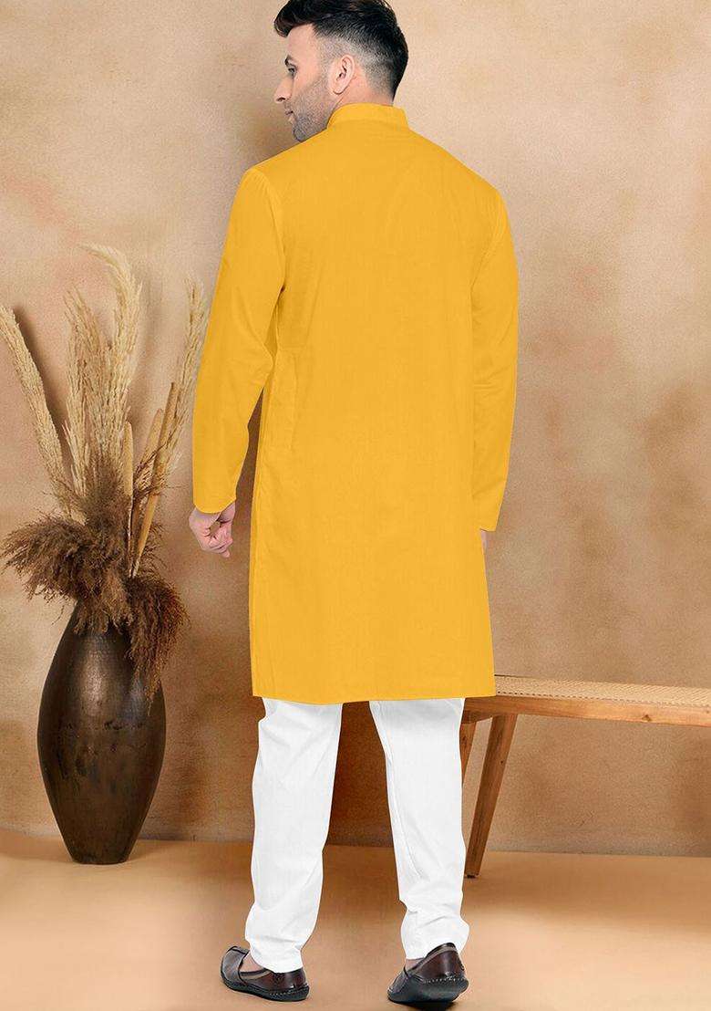 Mustard Solid Cotton Kurta Set For Men - Indya