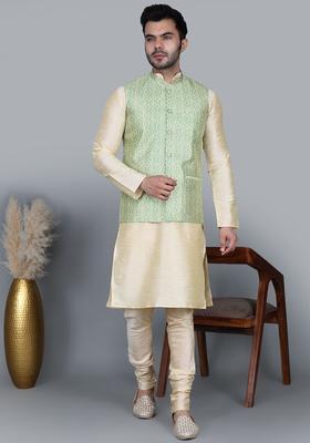 Gold Solid Silk Kurta Set For Men