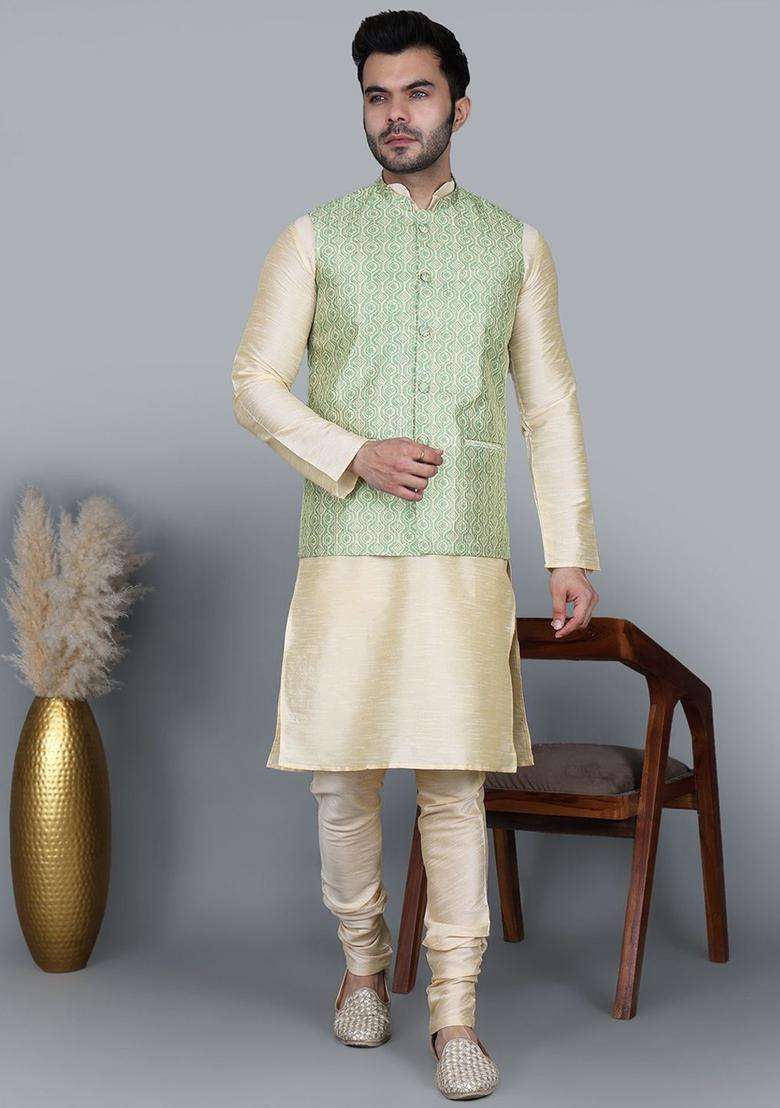 Gold Solid Silk Blend Kurta Set For Men - Indya