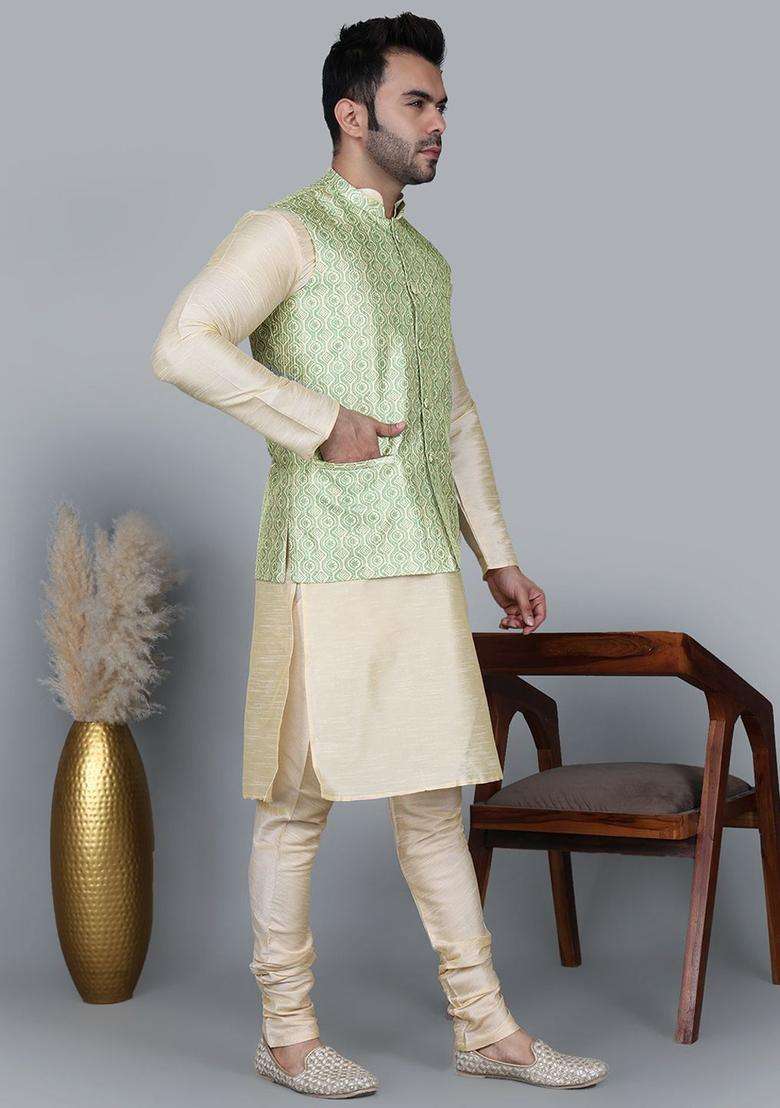 Gold Solid Silk Blend Kurta Set For Men - Indya