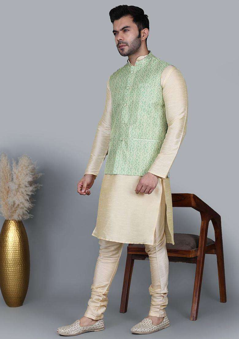 Gold Solid Silk Blend Kurta Set For Men - Indya