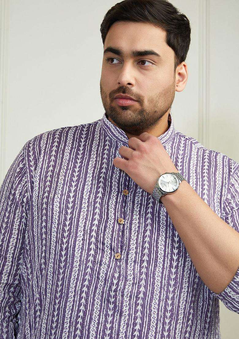 Purple Striped Cotton Kurta Set For Men - Indya