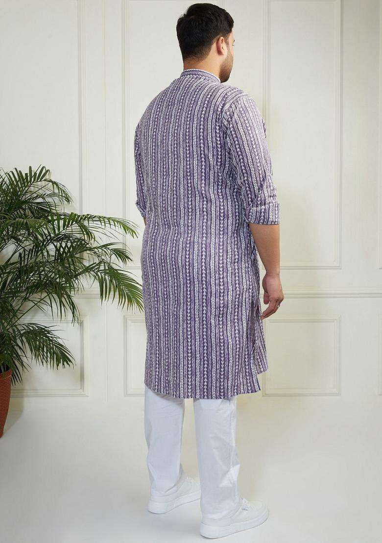 Purple Striped Cotton Kurta Set For Men - Indya