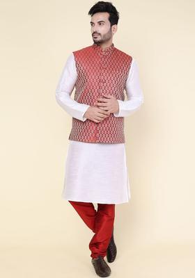 Maroon Solid Silk Kurta Set For Men