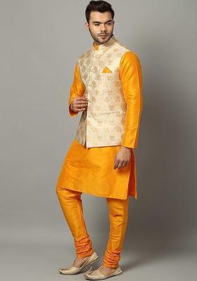 Yellow Solid Silk Kurta Set For Men