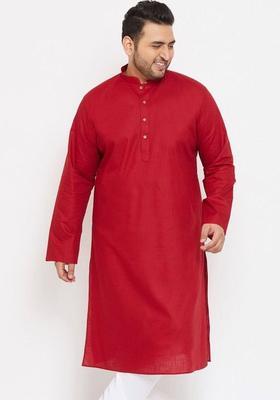 Red Solid Cotton Kurta Set For Men