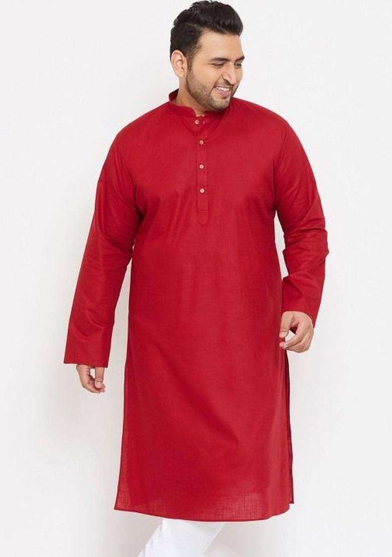 Red Solid Cotton Kurta Set For Men - Indya