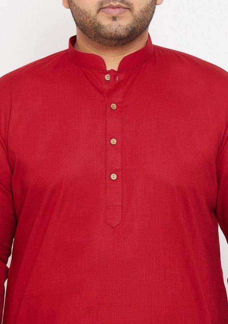 Red Solid Cotton Kurta Set For Men - Indya