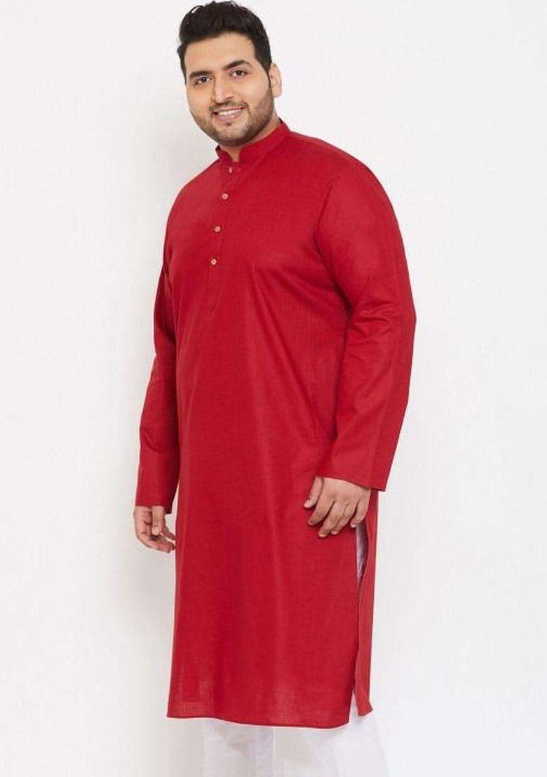 Red Solid Cotton Kurta Set For Men - Indya