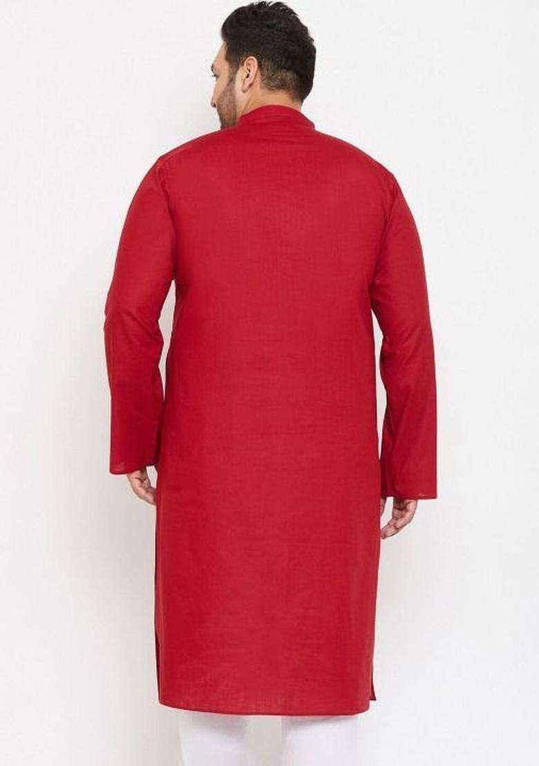Red Solid Cotton Kurta Set For Men - Indya