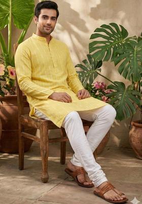 Yellow Printed Cotton Kurta Set For Men