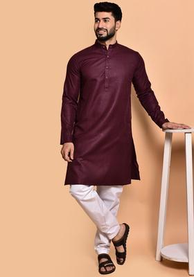 Purple Solid Cotton Kurta Set For Men
