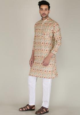 Beige Printed Cotton Kurta Set For Men