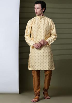 Beige Woven Design Silk Kurta Set For Men