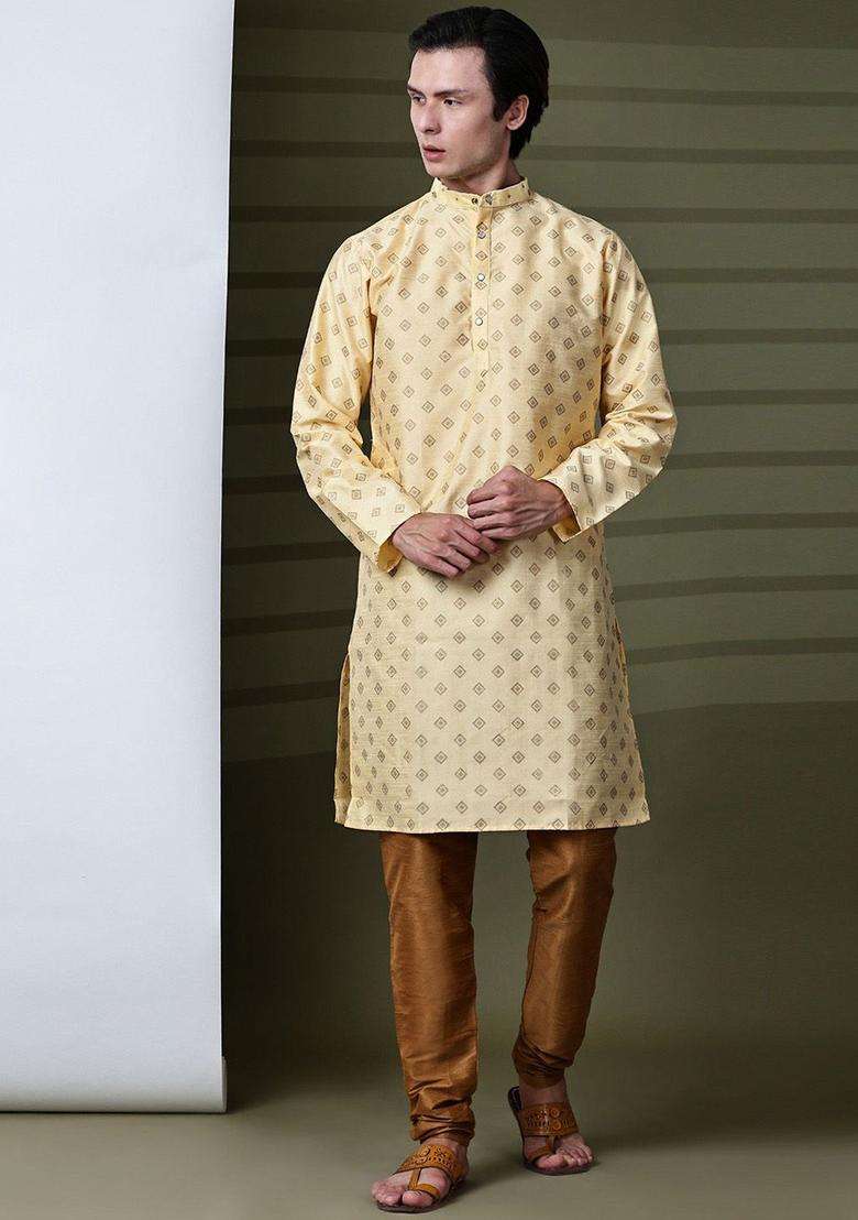 Beige Woven Design Silk Kurta Set For Men - Indya