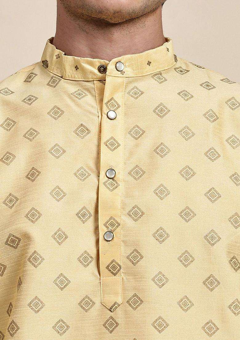 Beige Woven Design Silk Kurta Set For Men - Indya