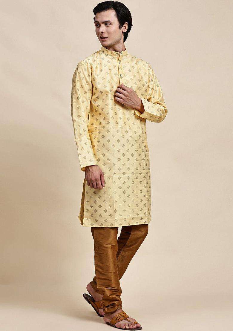 Beige Woven Design Silk Kurta Set For Men - Indya
