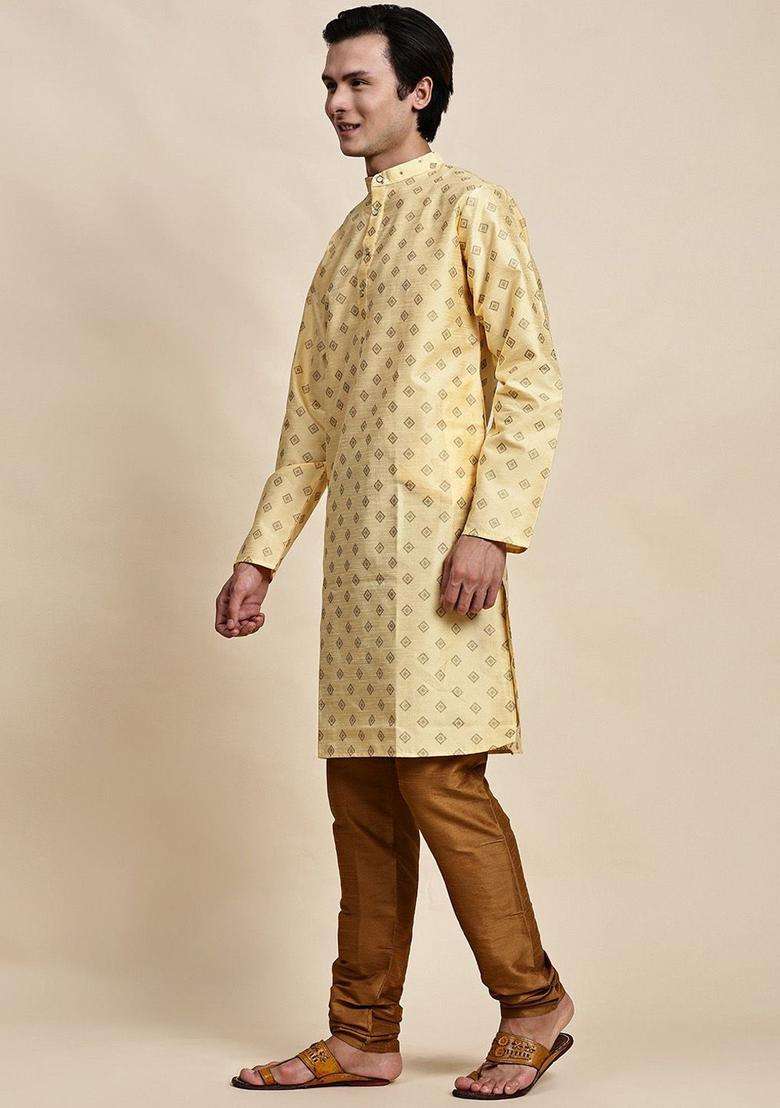 Beige Woven Design Silk Kurta Set For Men - Indya
