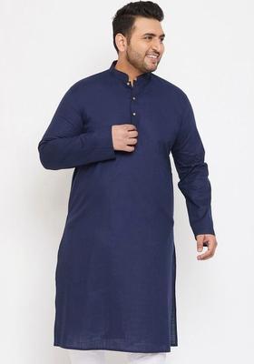 Navy Blue Solid Cotton Kurta Set For Men