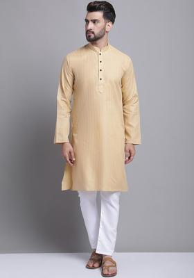Beige Striped Cotton Kurta Set For Men