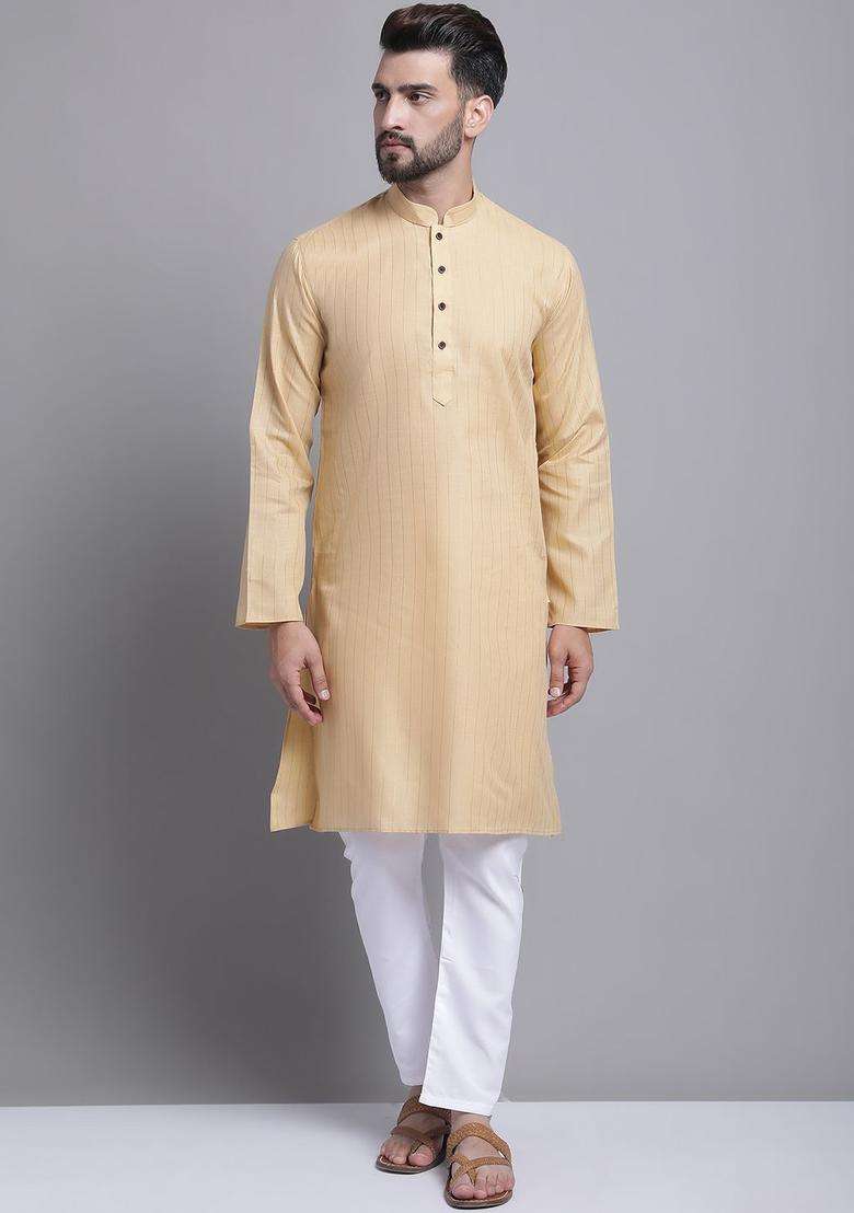 Beige Striped Cotton Kurta Set For Men - Indya