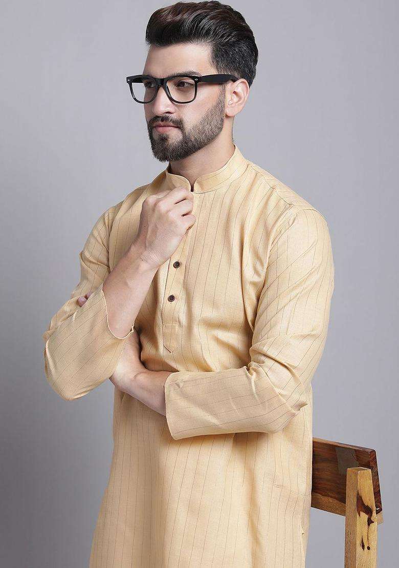 Beige Striped Cotton Kurta Set For Men - Indya
