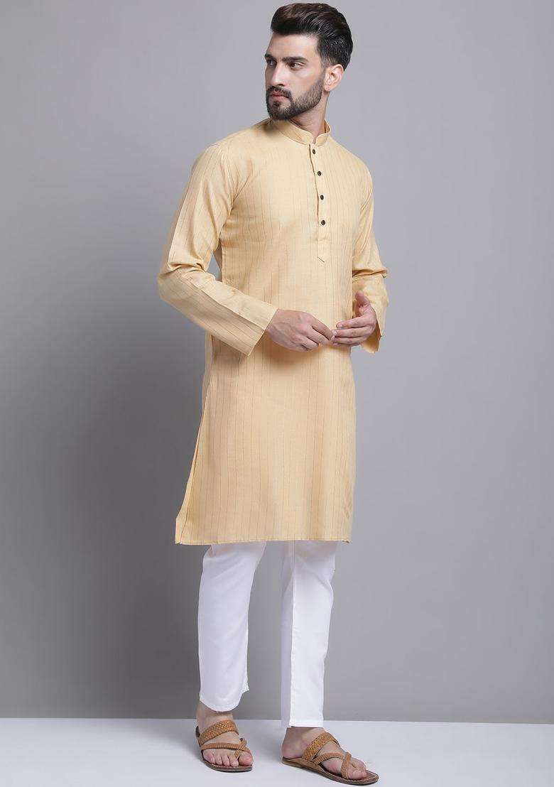 Beige Striped Cotton Kurta Set For Men - Indya