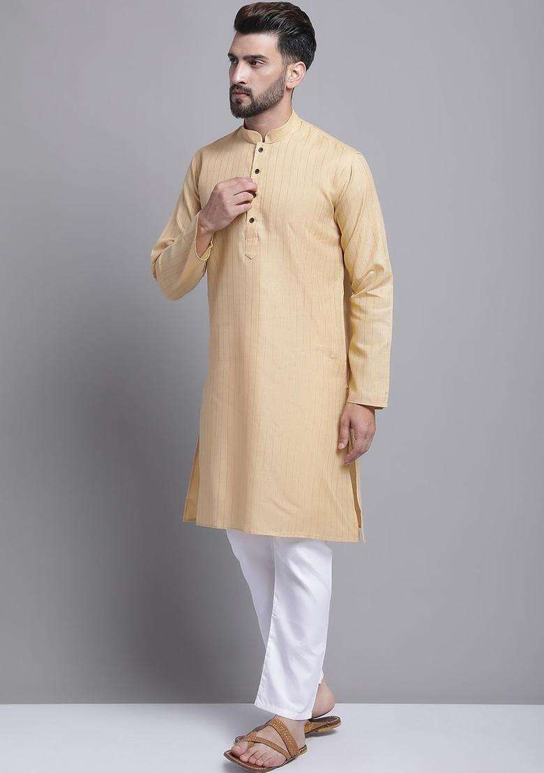 Beige Striped Cotton Kurta Set For Men - Indya
