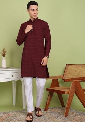 Maroon Self Design Cotton Kurta Set For Men