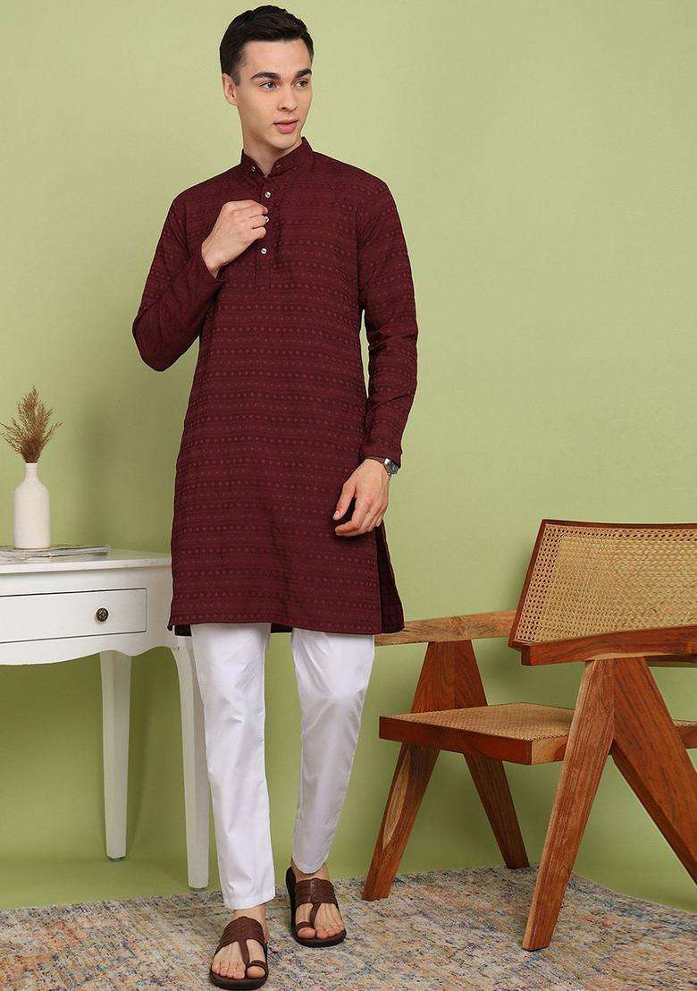 Maroon Self Design Cotton Kurta Set For Men - Indya