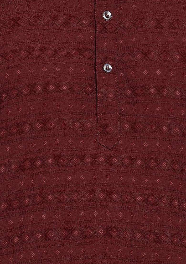 Maroon Self Design Cotton Kurta Set For Men - Indya