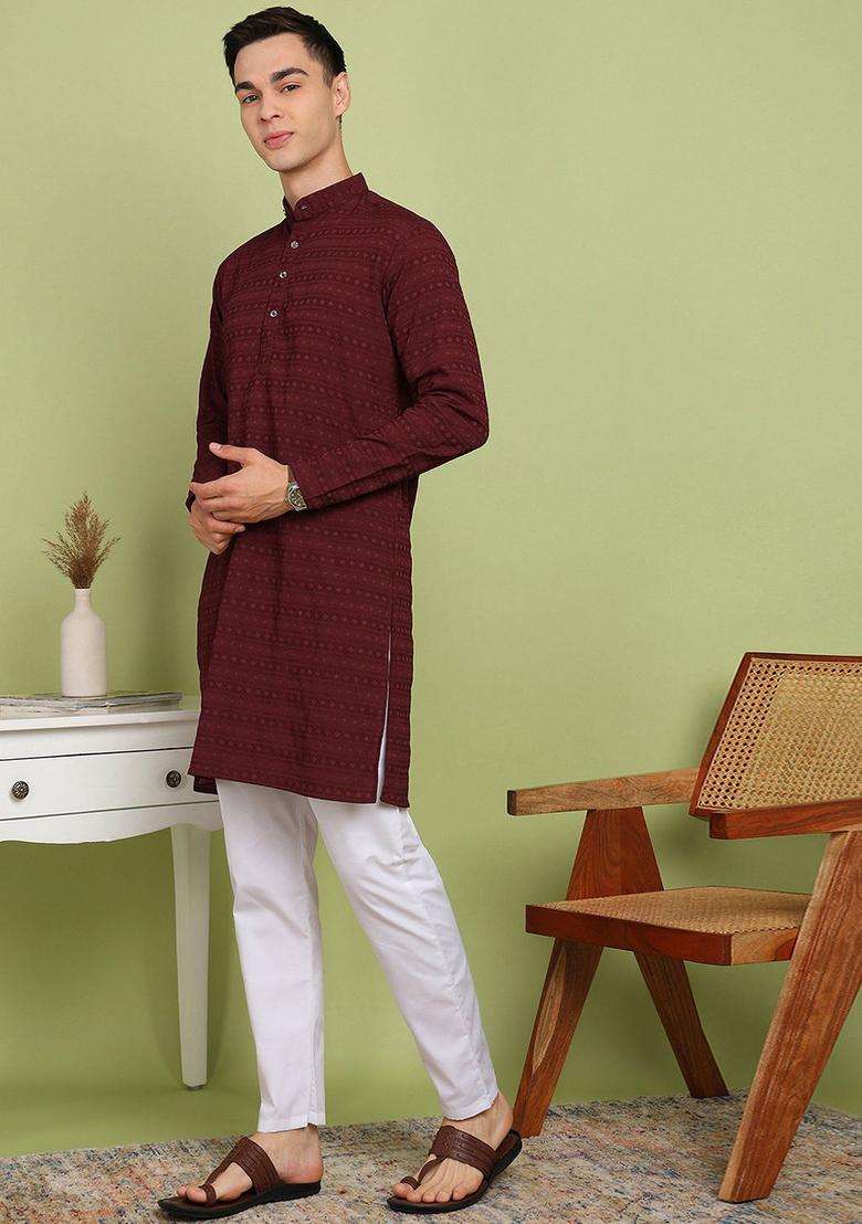 Maroon Self Design Cotton Kurta Set For Men - Indya