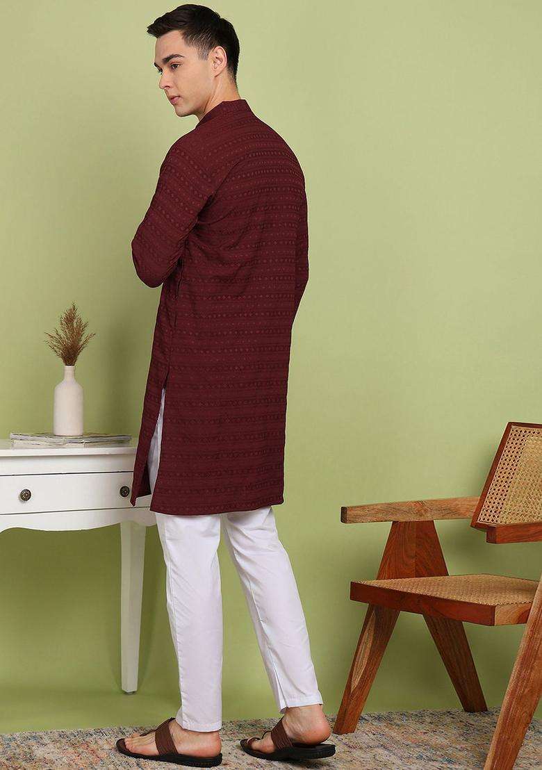 Maroon Self Design Cotton Kurta Set For Men - Indya